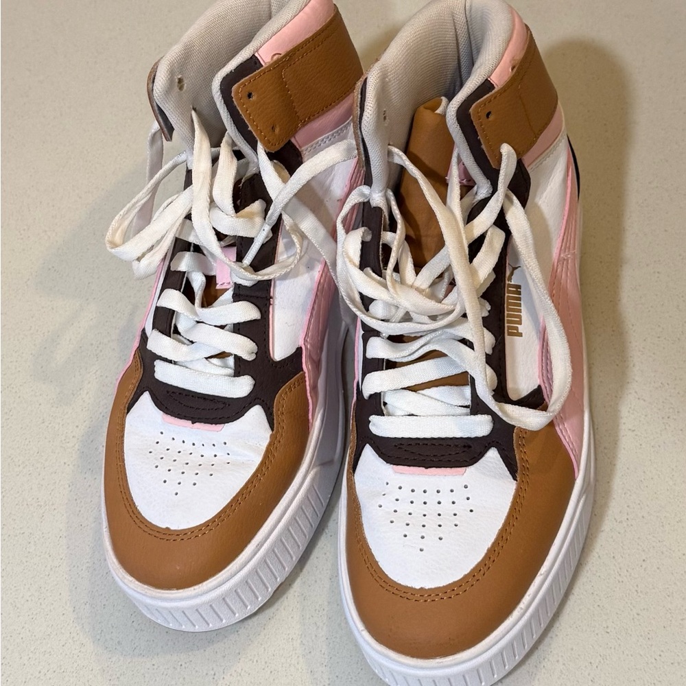 Puma High-Top Sneakers in White, Pink, Brown
